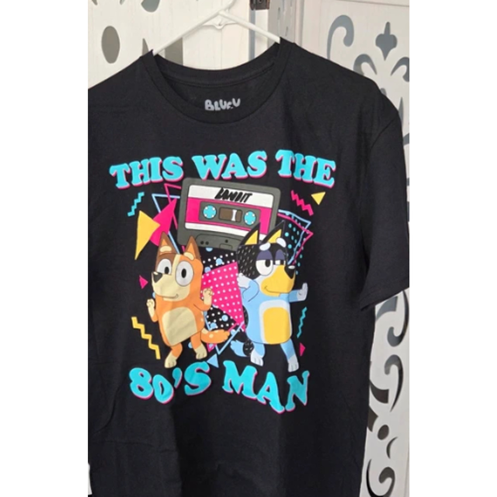 Bluey This Was The 80s Man Bandit Graphic T Shirt Black Adult Large L NWOT Retro